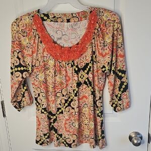 Madison‎ Multicolor Floral Blouse with Red Trim Size PL